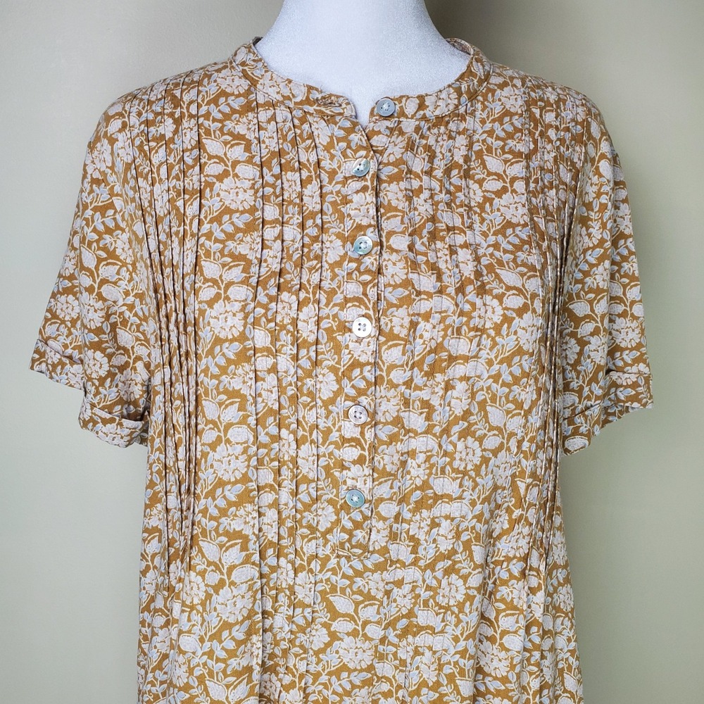 Faherty Hana Short Floral Dress Tan Small Linen Blend Prairie Cottagecore Pleats - Picture 2 of 8